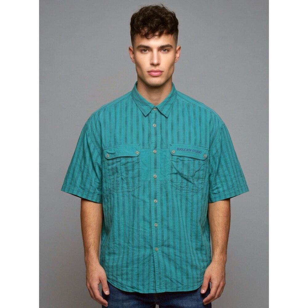 Vintage 90s Bugle Boy Shirt Teal Stripe XL Button Up Short Sleeve Surf Skate Y2K